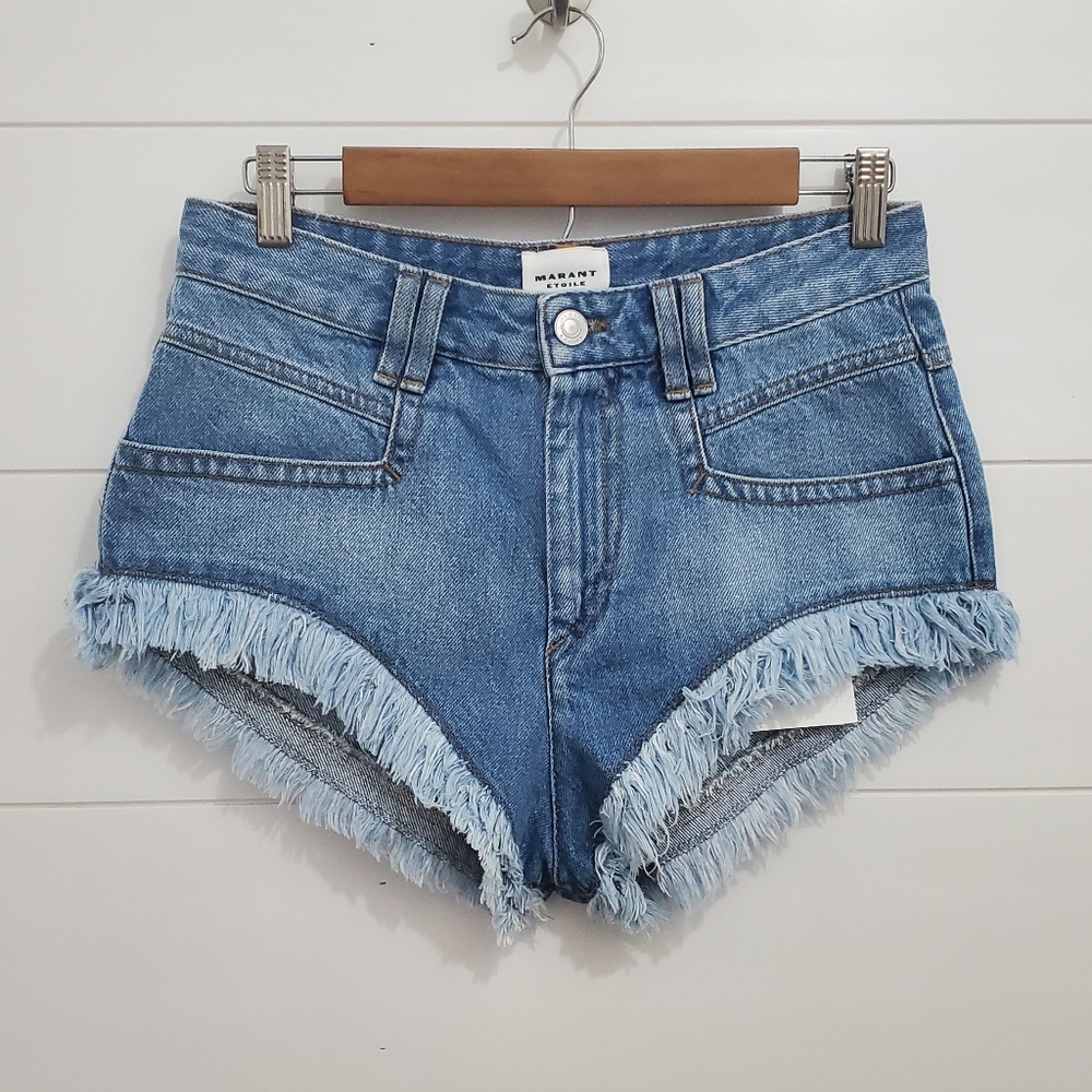Isabel Marant Blue Denim Frayed Hem Jean Shorts